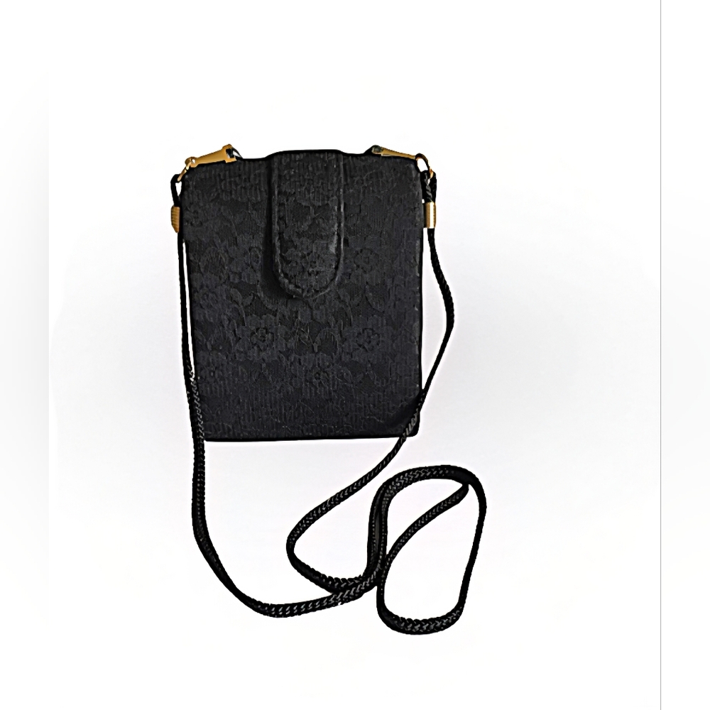 Magid Vintage Small Black Damask Floral Lace Cloth Evening Bag Purse Crossbody